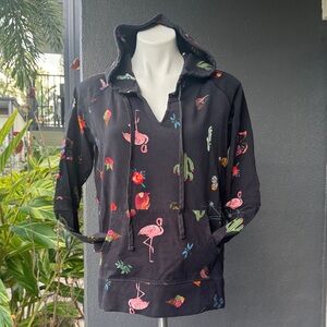 Johnny Was Black Hoodie with Colorful Floral and Flamingo Print